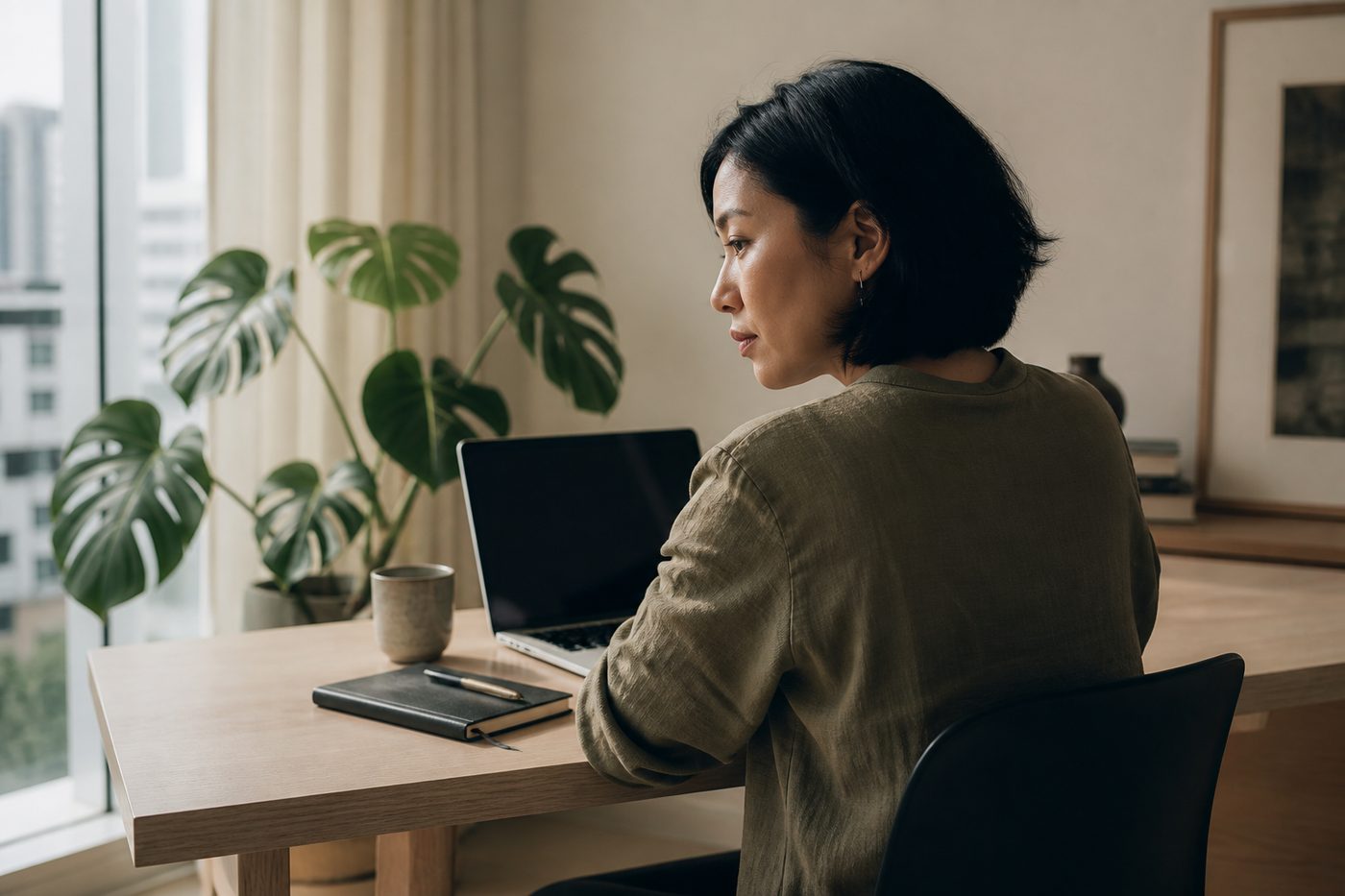 A person working at a sunlit desk in a Singapore apartment
