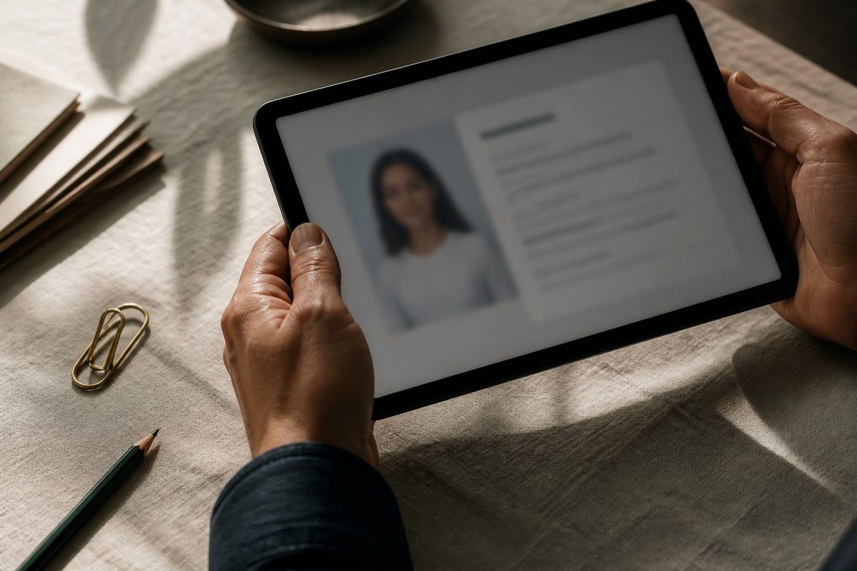 Hands reviewing a candidate profile on a tablet