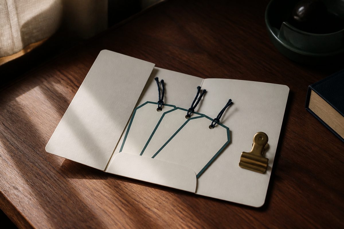 A single folio holding several interest tags on a desk